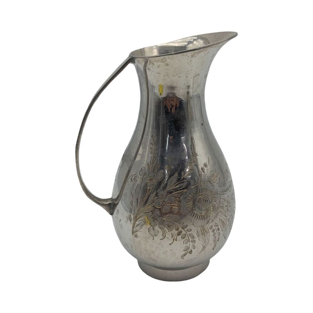 Vintage India Hand Engraved Silver Tone Metal Water Pitcher Floral Etched 7.5 in